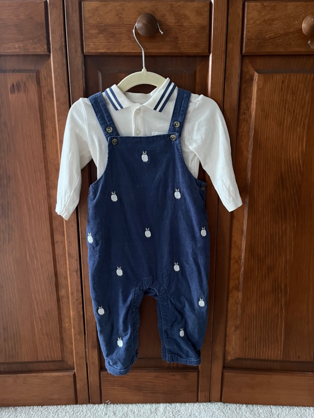 Janie and Jack Navy Overalls with White Penguin Embroidery